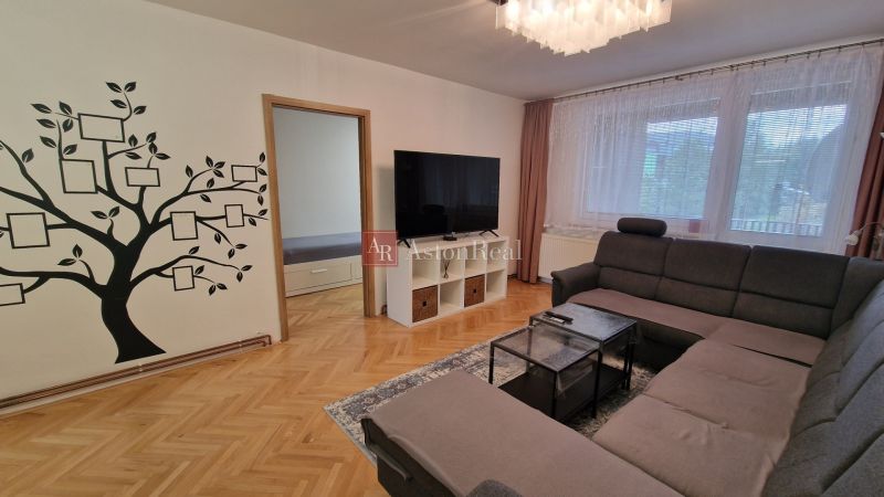 Living room in a 3-room apartment with a sofa, television, and tree wall decoration.