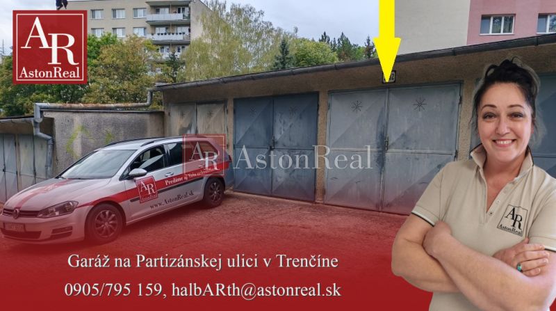 Garages on Partizánska Street in Trenčín, car for real estate services, woman with a cap.