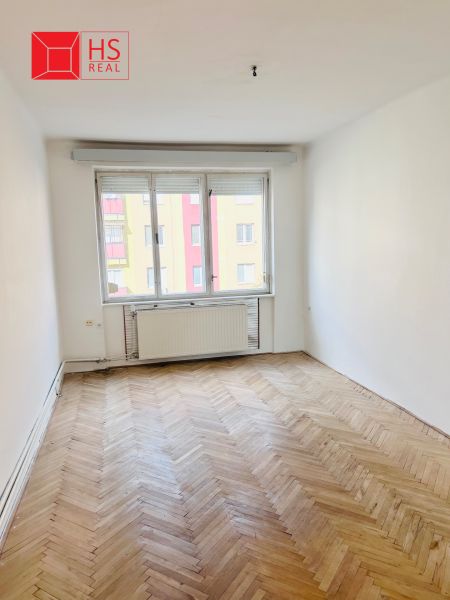 2-bedroom apartment with wood-patterned flooring and a large window.