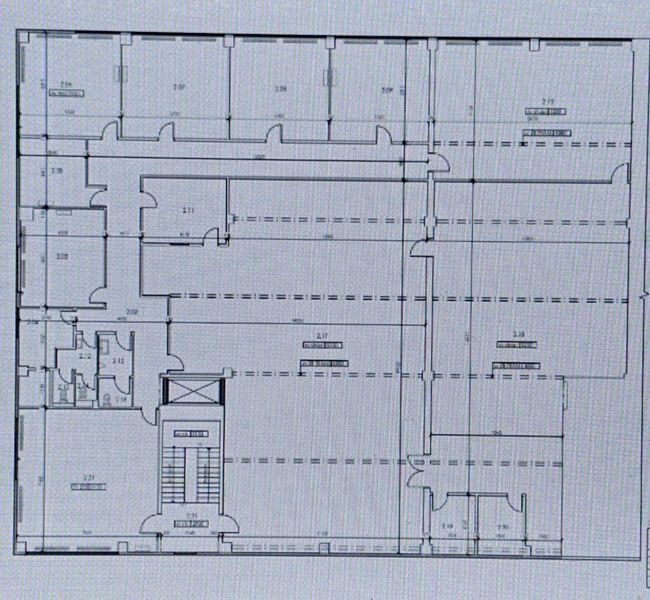 Floor plan of offices with rooms and the width of perimeter walls.