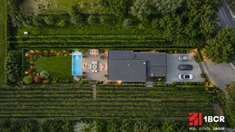 A top view of the property with a pool and garden on Holubyho in Pezinok.