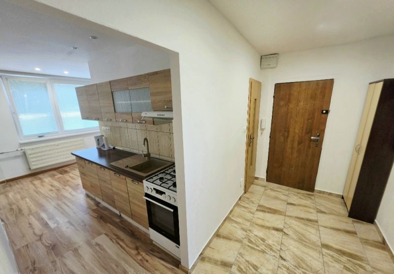 Kitchen in a 3-room apartment with a wood-patterned floor and entrance door.