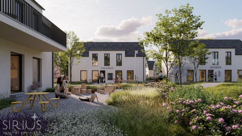 Garden in the Offices at the South Gate in Senec with greenery and shops, bakery and barber.