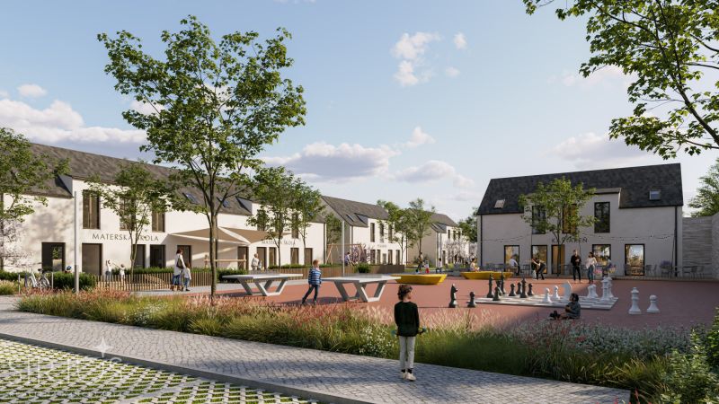 Square with a kindergarten and a café at the South Gate in Senec, space for chess.
