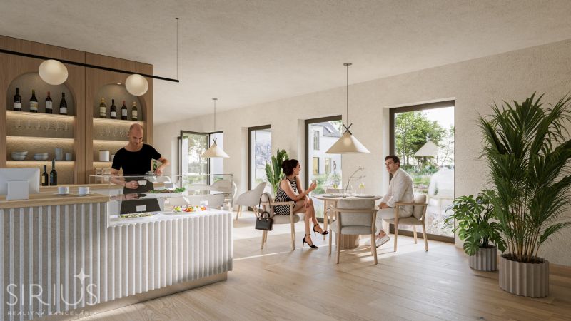 A café in offices with wood-decor flooring, two people, and a bar counter.