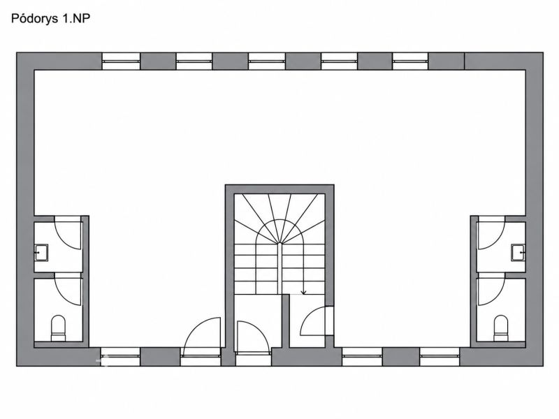 Ground floor plan with offices, restrooms, and staircase.