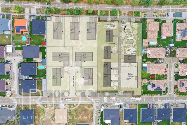 Aerial view of the planned office development at Južná Brána in Senec surrounded by houses.