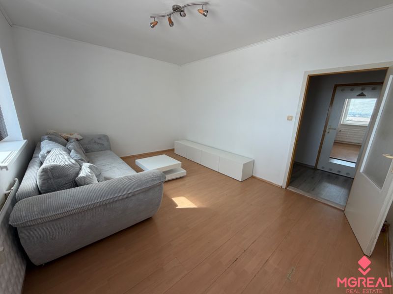 Living room with a sofa, table, and wooden decor flooring in a 2-room apartment.