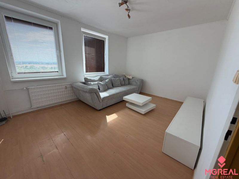 Living room with a sofa and a table in a 2-room apartment, floor with wooden decor.