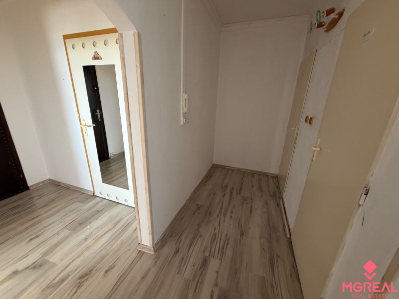 A hallway in a 2-room apartment with a wooden decor floor and white walls.