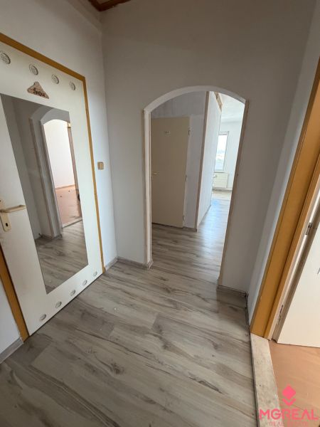 A hallway in a 2-room apartment with a wooden decor floor and a mirror.