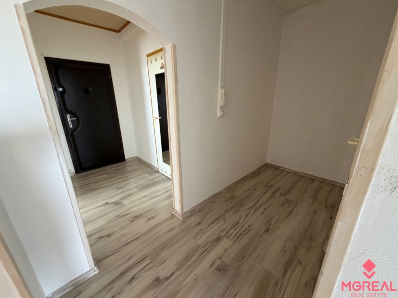 The entrance hall of a two-room apartment with a wooden decor floor and dark doors.