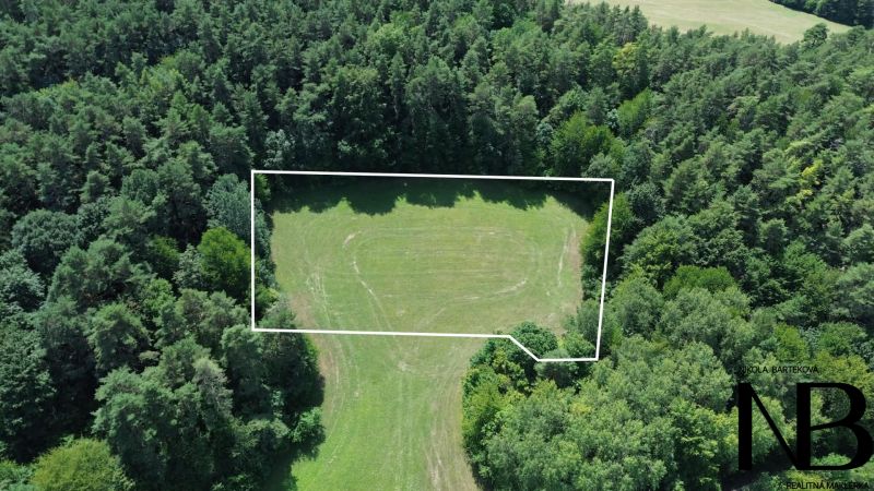 Aerial view of agricultural and forest land surrounded by forest in Dubnica nad Váhom, Medzihorie.