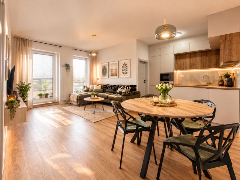 Living room and kitchen in a 4-room apartment with a wooden decor floor, comfortable seating, and decorations.
