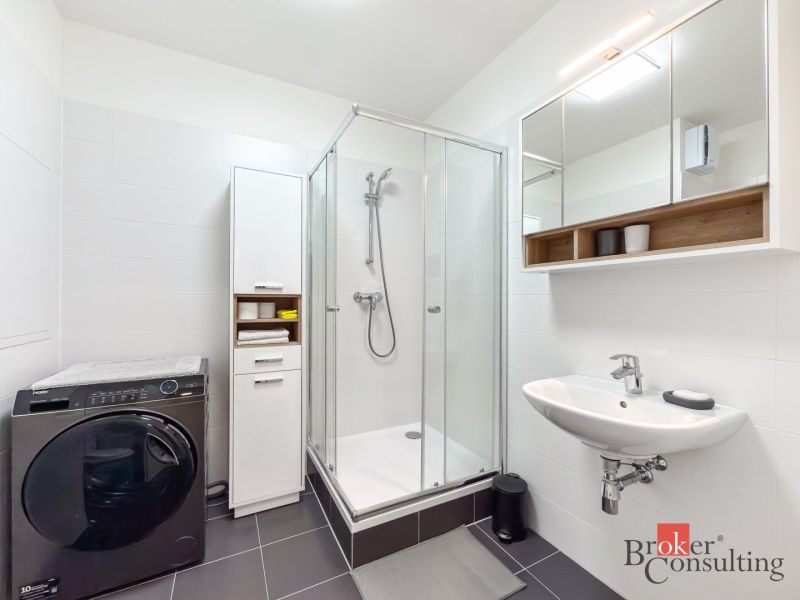 A bathroom with a shower and a washing machine in a studio apartment.