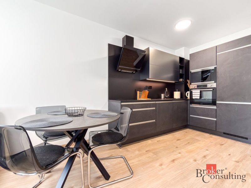 A kitchen in a studio apartment with dark cabinets and a wooden-patterned floor.