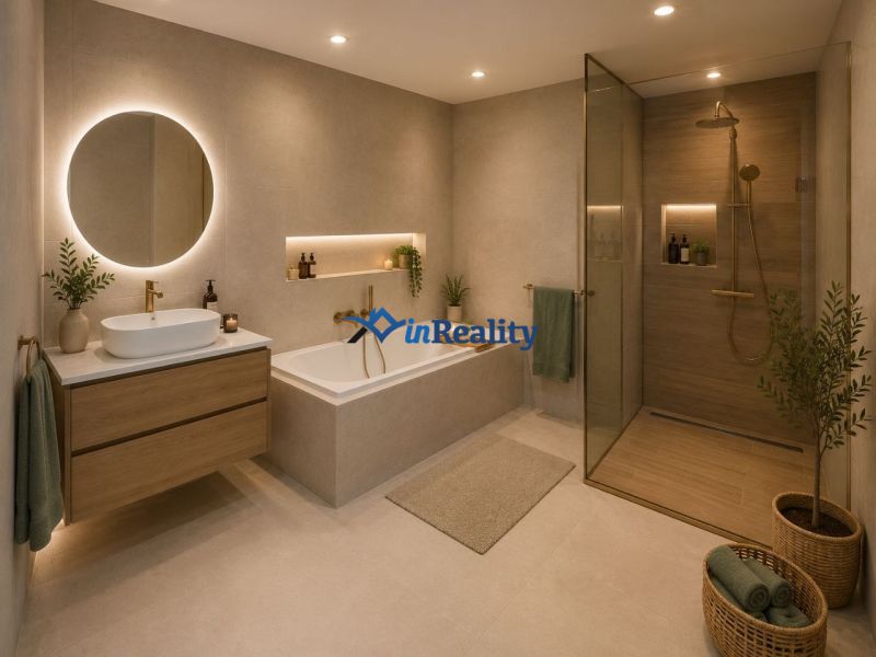 A bathroom in a 3-room apartment with a bathtub, a shower corner, and a floor with a wooden decor.