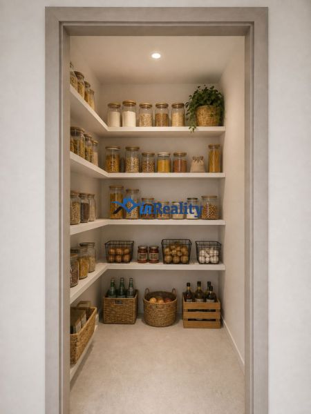 A pantry in a 3-room apartment with shelves full of food and drinks.