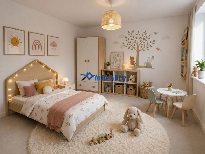 Children's room in a 3-room apartment with delicate decorations and toys.