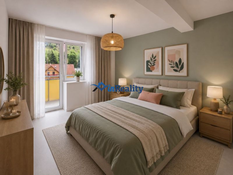 A bedroom in a 3-room apartment with graceful green shades and pleasant decor.