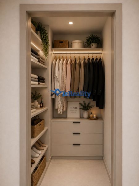 A wardrobe in a 3-room apartment with curtains, shelves, boxes, and greenery.