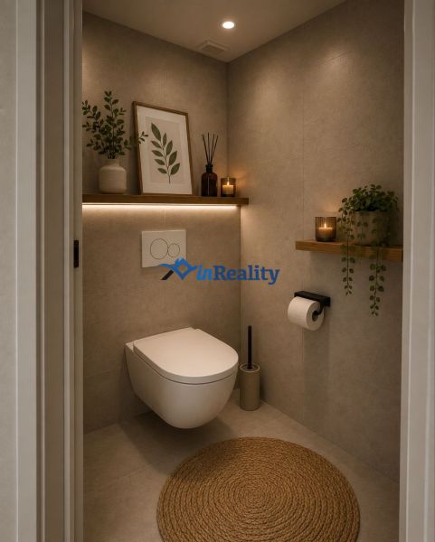 A toilet in a 3-room apartment with decorative elements and soft lighting.