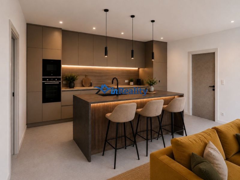 A kitchen with a bar and stools, complemented by a light strip, in a 3-room apartment.