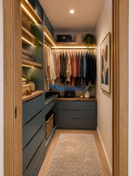 A wardrobe in a 2-room apartment with shelves, hanging space, and decorations.