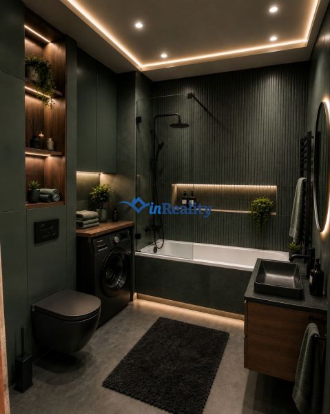 A luxurious bathroom with a bathtub and a washing machine in a 2-room apartment with plants.