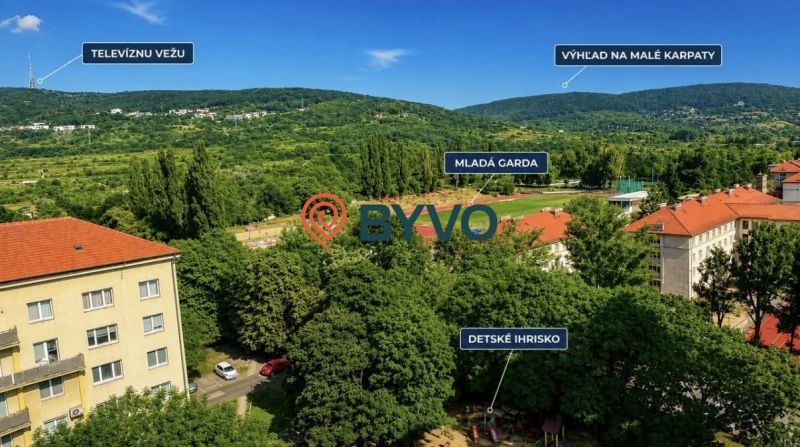 The view from the 4-room apartment on Račianska includes Mladá Garda and the Little Carpathians in Bratislava-New Town.
