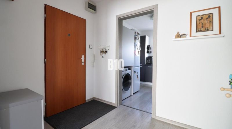 A hallway in a 3-room apartment with a washing machine and a dishwasher next to the kitchen.