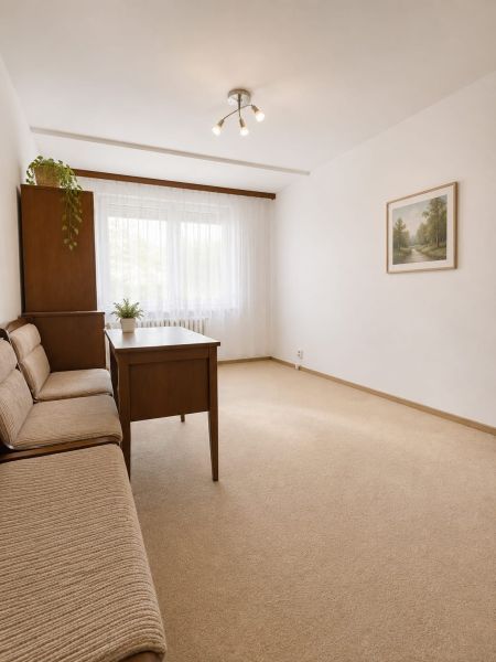 A room in a 3-room apartment with a sofa, a table, and carpeted flooring.
