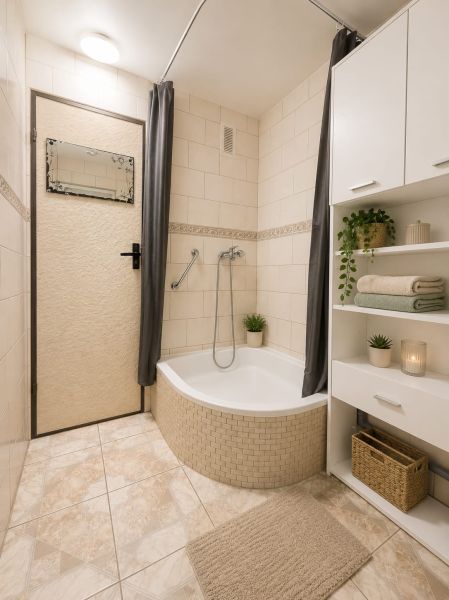 A bathroom with a shower, white furniture, and decoration in a 3-room apartment.