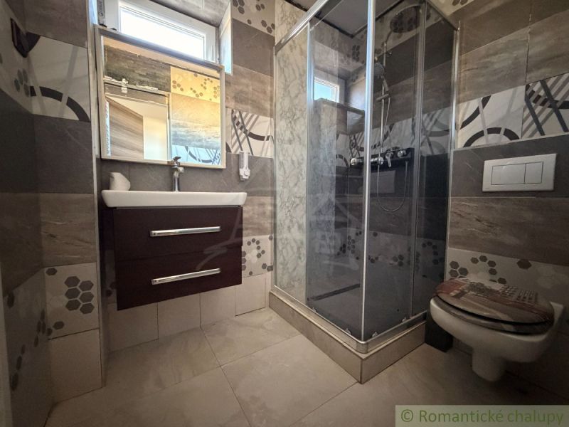 Bathroom in a family house with a sink, shower, and toilet.