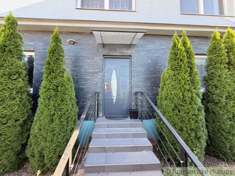 The entrance to a family house in Komárno with elegant stairs and thuja trees around.