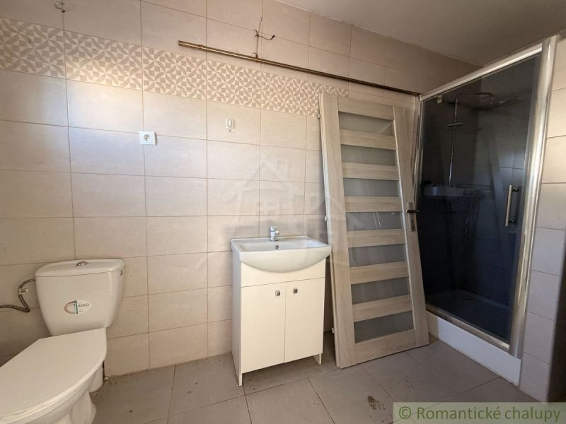 Bathroom with a toilet, shower, and doors in a family house.