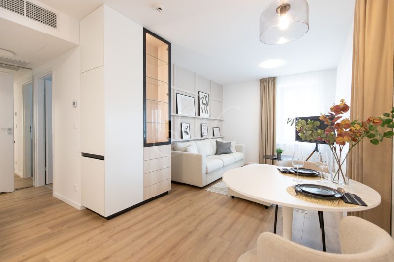 Living room in a two-room apartment with a sofa, table, and wooden decor flooring.