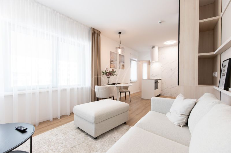 A bright living space with wood-patterned flooring in a two-room apartment.