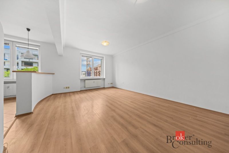 Spacious living room in a 2-room apartment with wood-patterned flooring.