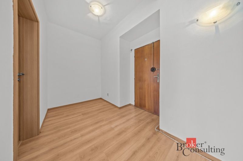 A hallway in a 2-room apartment with a wooden decor floor and light-colored walls.