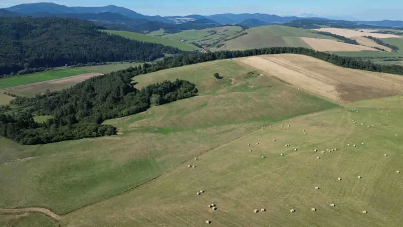 Hilly landscape with forests and fields in the village of Plaveč, suitable for agricultural and forest land.