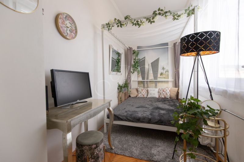 A bedroom in a 2-room apartment with a canopy, television, and wooden decor flooring.