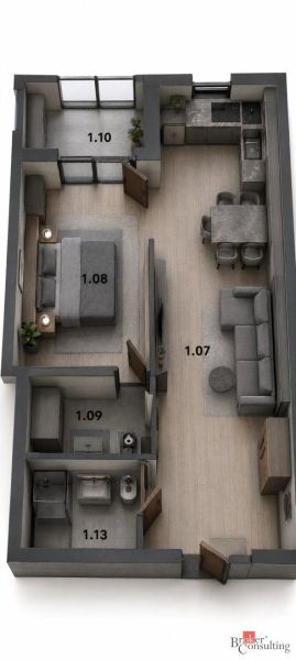 Floor plan of a 2-room apartment with furnishings and flooring with a wood decor.