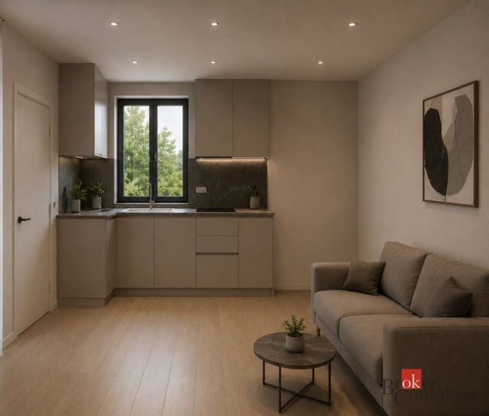 Living room with a kitchenette and a wooden decor floor in a 2-room apartment.