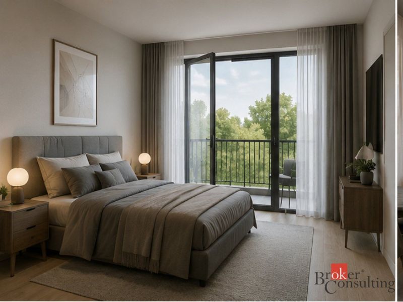 Floor plan of a 2-room apartment with furnishings and flooring with a wood decor.