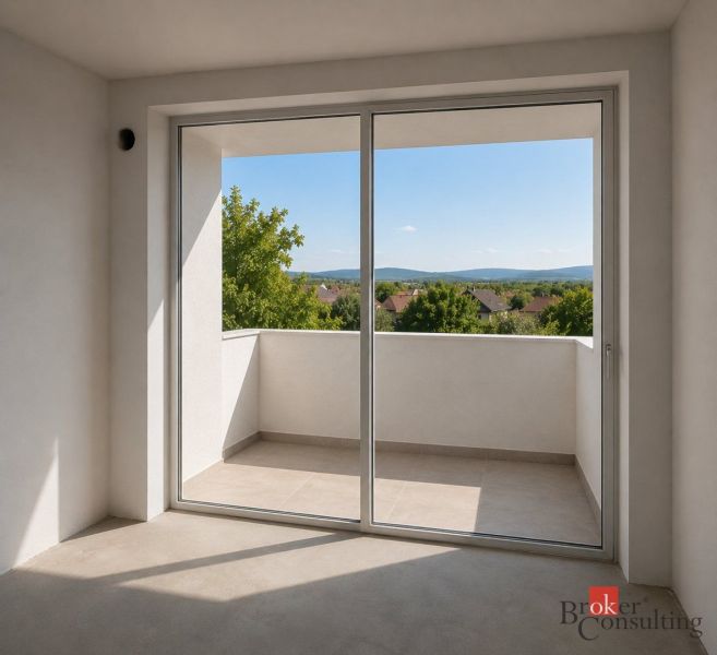 A view from a 2-room apartment of the surroundings through the glass doors to the balcony.