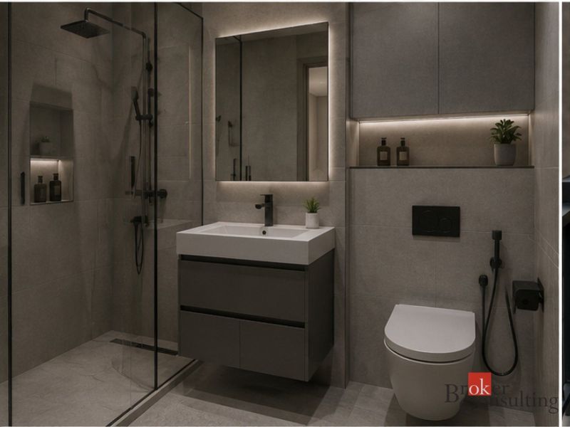 A bathroom with a glass shower enclosure and black faucets in a 2-room apartment.