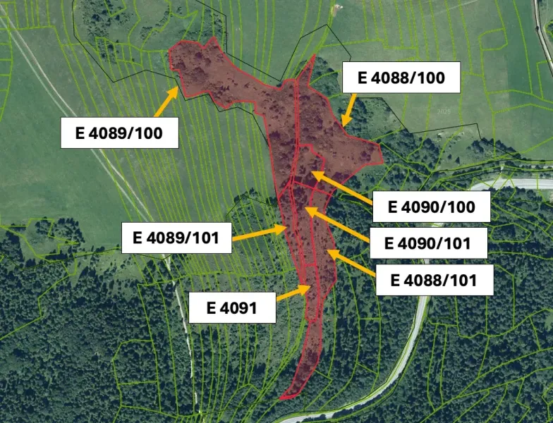 Aerial view of agricultural and forest lands around Stará Ľubovňa with marked parcels.