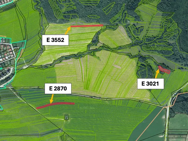 Aerial view of agricultural and forest land near Stará Ľubovňa with parcel markings.