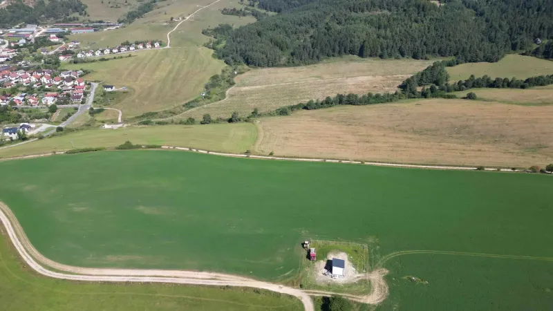 Aerial view of agricultural and forest lands around Stará Ľubovňa.